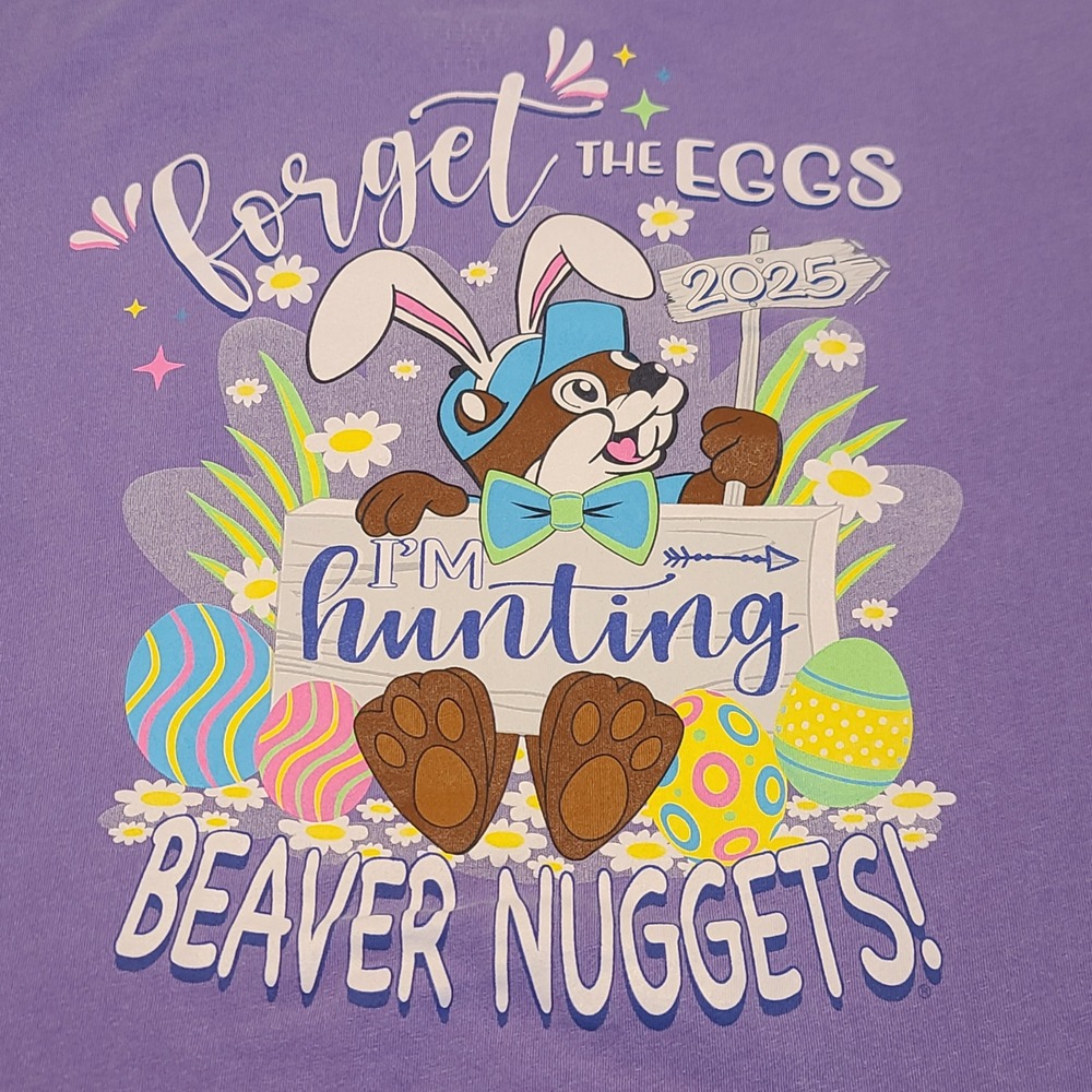 Buc-ee's Easter T-Shirt Mens Large Purple Beaver Nuggets Bunny Ears 2025 Graphic